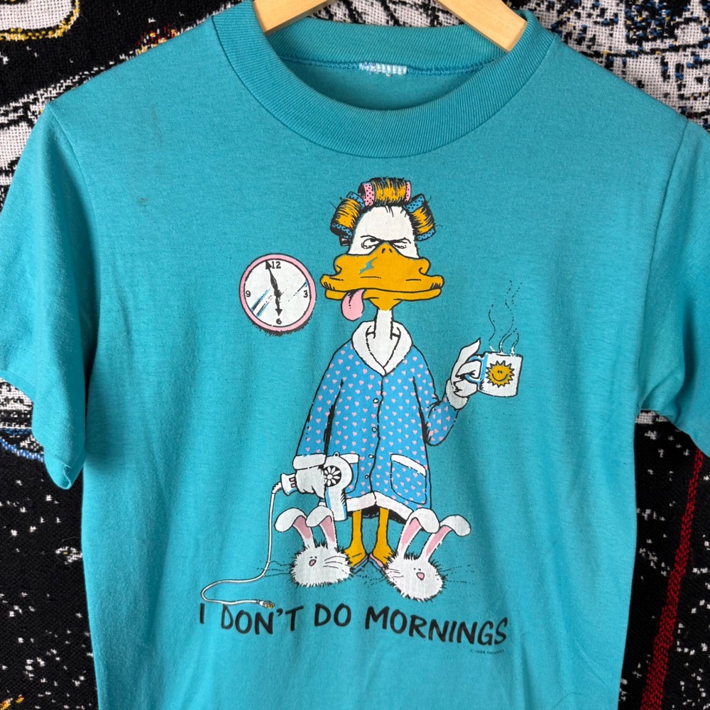 Vintage 1988 Airwaves I Don't Do Mornings Duck T-Shirt Teal Single Stitch Medium